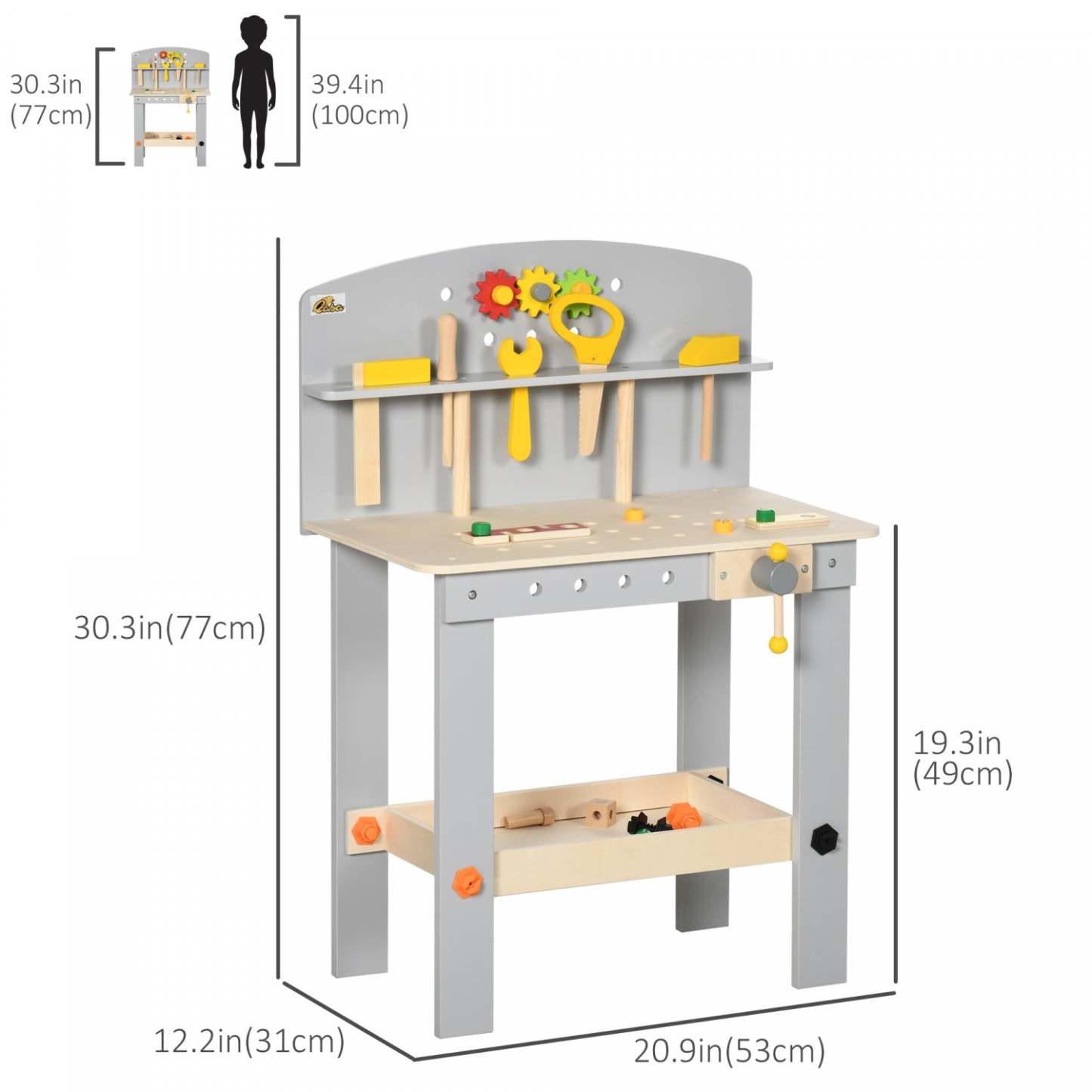Qaba Kids Tool Bench With Storage Shelf, 31 Pcs Construction Work Shop Toy, Pretend Play Workbench Pour Garçons Filles Âge 3-6