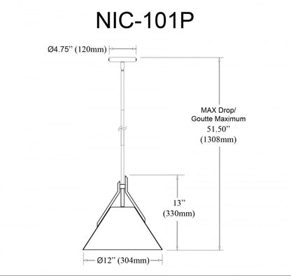Luminaire suspendu Nicole de Dainolite en verre blanc opale, avec fini noir mat et 1 ampoule