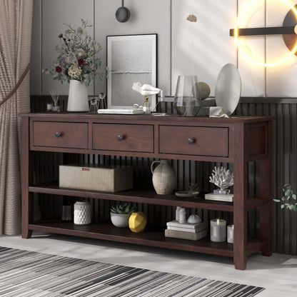 Wendy Table console en bois massif avec 3 tiroirs et 2 étagères ouvertes, armoire d'appoint expresso | Console Wendy En Bois Massif Avec 3 Tiroirs Et 2 Etageres Ouvertes, Espresso