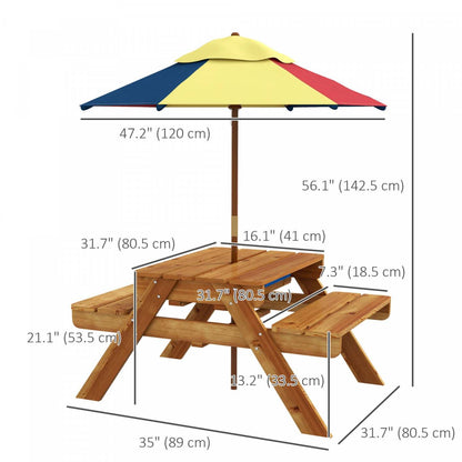 Outsunny Table De Pique-nique Pour Enfants, Table De Sable Et D'eau 3 En 1 En Bois Avec Parapluie Pliante Amovible