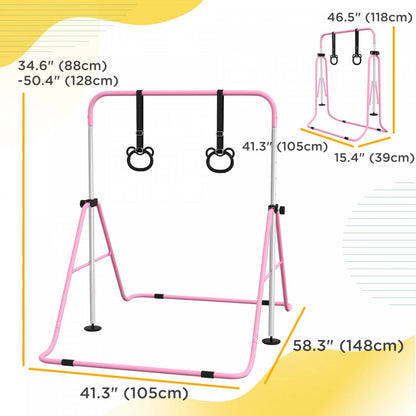 Barre de gymnastique Qaba pour enfants, hauteur réglable de 35 à 50, barre horizontale pliable avec anneaux de gymnastique, anneaux de sol en caoutchouc antidérapants, pour équipement d'entraînement à domicile, rose