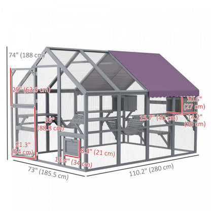 Pawhut Catio Enclos D'exterieur Pour Chat Sauvage En Bois Avec Auvent Résistant Aux Intempéries, Ponts, Repos