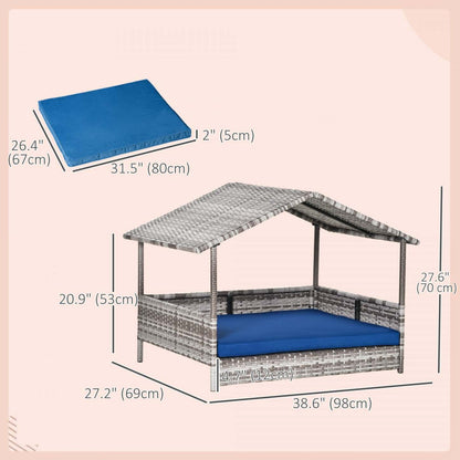 Pawhut Lit Pour Chien En Rotin Sureleve Avec Auvent, Lit De Chien En Osier Avec Coussin Résistant À L'eau, F|Pawhut Elevated Rattan Dog House Outdoor With Canopy, Wicker Dog Bed With Water-resistant Cushion