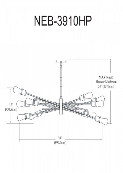 Dainolite Nebraska 10 Lumière Suspension Horizontale Finition Chrome Bruni Lampe|Luminaire suspendu horizontal Nebraska de Dainolite avec fini chromé poli et 10 ampoules