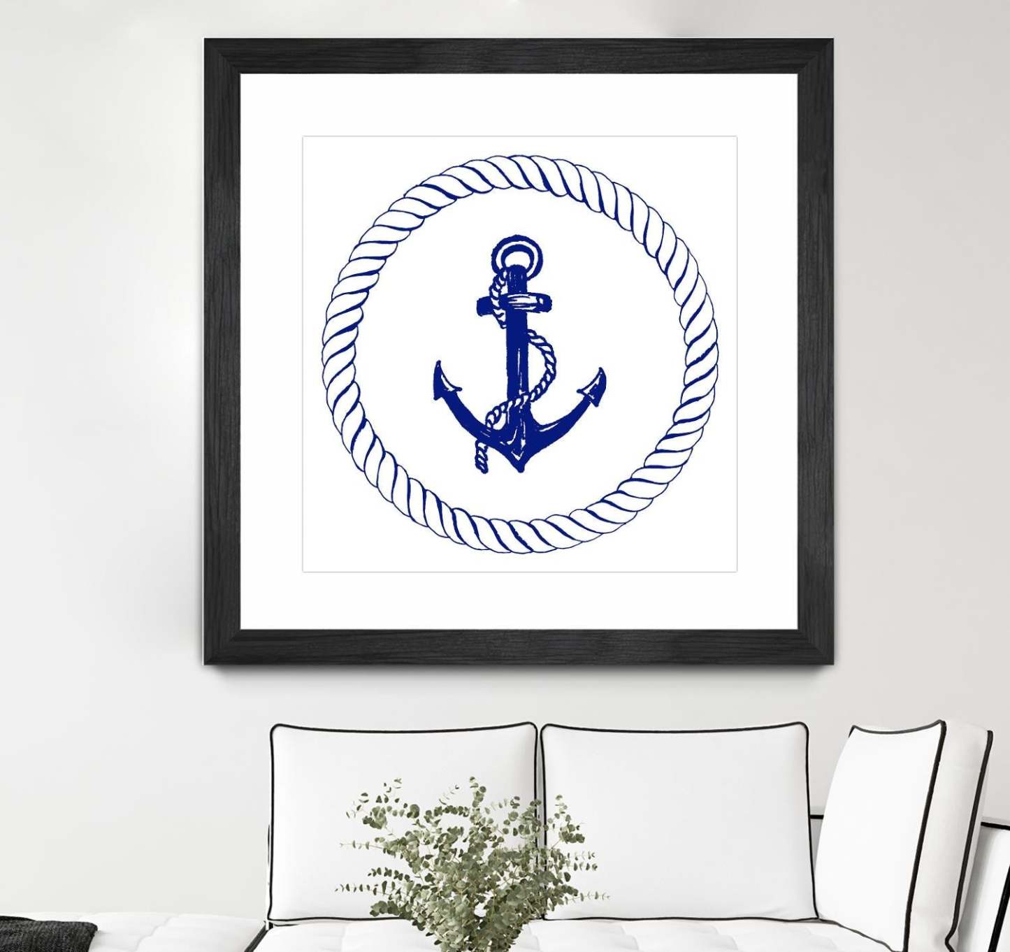 Œuvre d’art murale encadrée noire et mate « Blue Nautical Circle I » 30 x 30