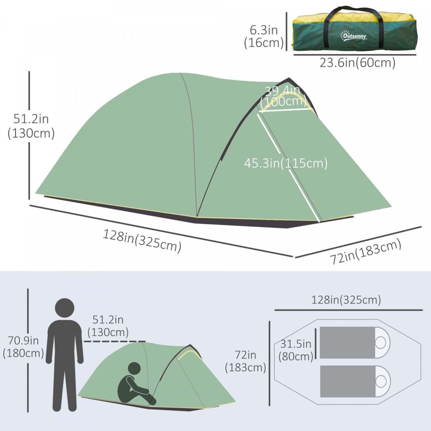 Outsunny Tente De Camping 2-3 Personnes Avec Vestibule Résistant Aux Intempéries, 2 Chambres, Tente De Randonnée Avec 2 Moustiquaires
