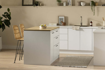 Îlot de cuisine Myro avec porte et tiroirs - Blanc et érable muscade | Myro Ilot De Cuisine Avec Porte Et Tiroirs - Blanc Et Erable Noix De Muscade