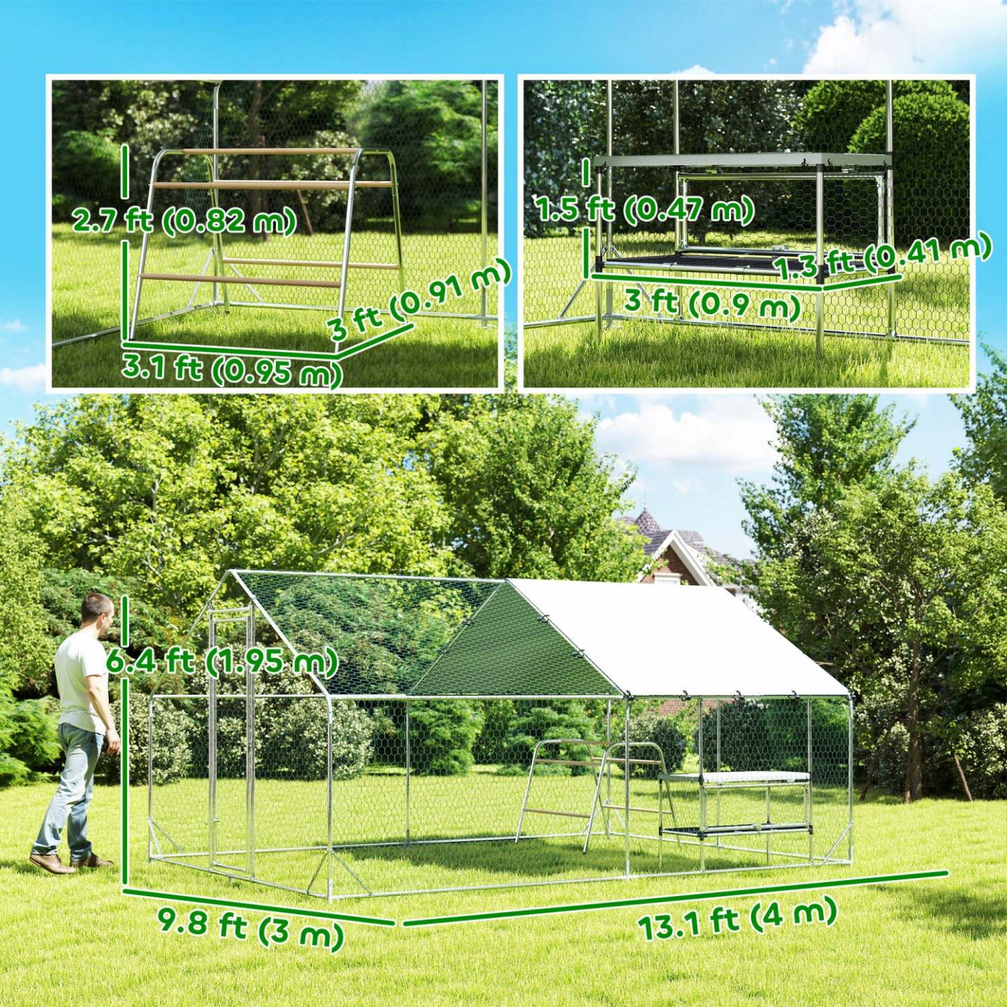 Pawhut Enclos à Poules, Grand Poulailler en Métal avec Boîte de Nidification, Couverture Imperméable et Résistante aux UV, Barres de Perchoir, Cage à Volaille pour Extérieur, Jardin, Ferme, Pour 12-18 Volatiles