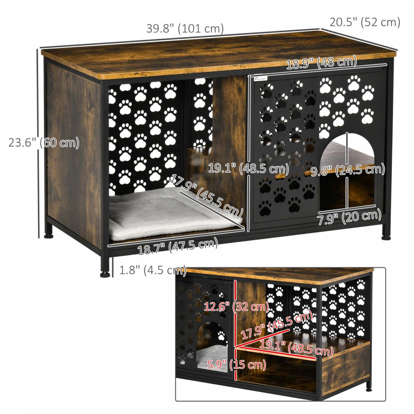 Pawhut Maison en Bois pour Chat Table de Fin de Meuble Style Abri pour Chat Lit avec Coussin Lavable Cachette C|Pawhut 2 En 1 Maison Pour Chat Niche Pour Chat Table Basse Avec Coussin Moelleux Étagère de Rangement