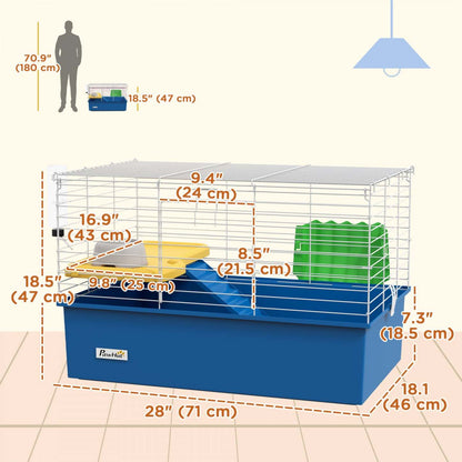 Pawhut 28 L Cage à Lapin, Grande Cage à Cobaye Cage pour Petit Animal avec Bouteille d'Eau, Plat, Plateforme, Rampe, Pour Furet, Chinchilla, Bleu
