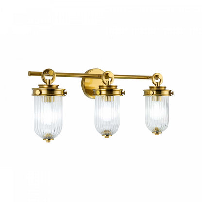Salle de bains Myla à 3 lumières, laiton vintage avec lampe en verre nervuré | Luminaire De Salle De Bain A 3 lampes Myla, Laiton Retro Et Verre Nervure