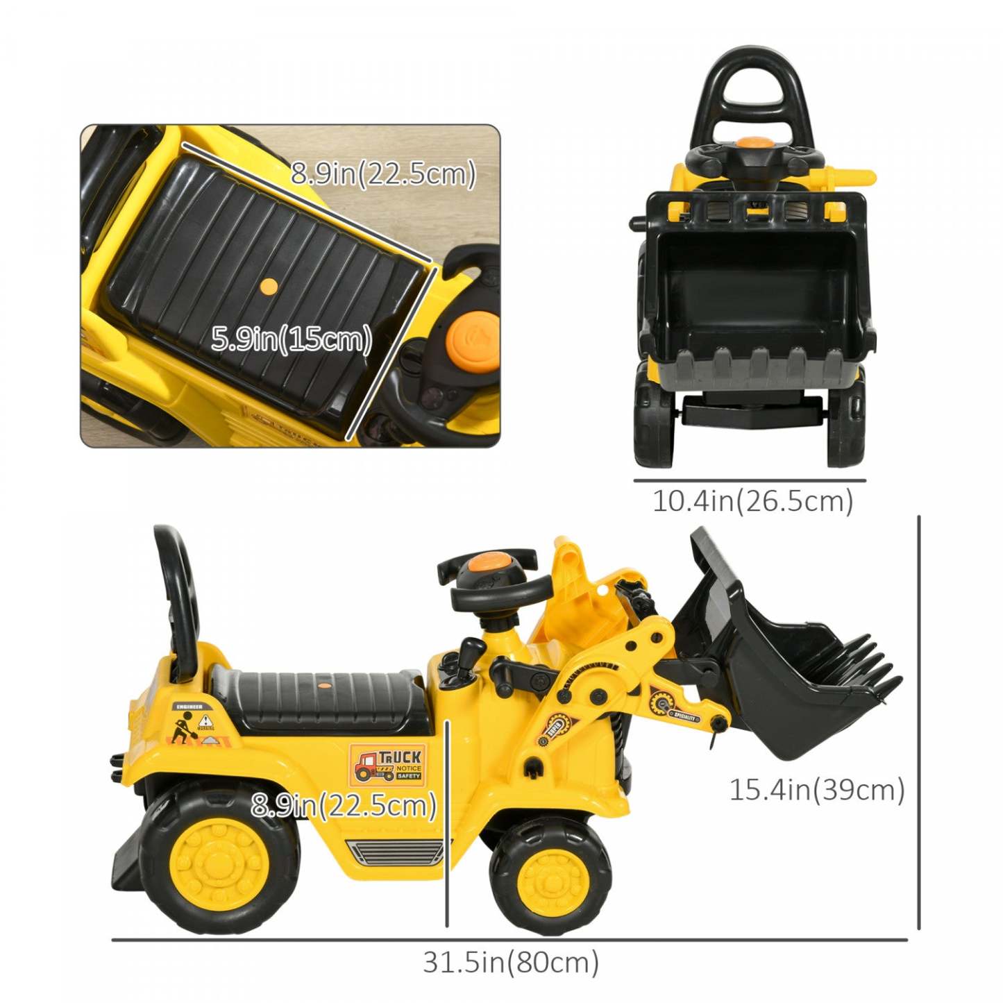 Homcom Bulldozer Jouet Porteur Avec Volant À Corne De Seau Pour Tout-petits, Jaune