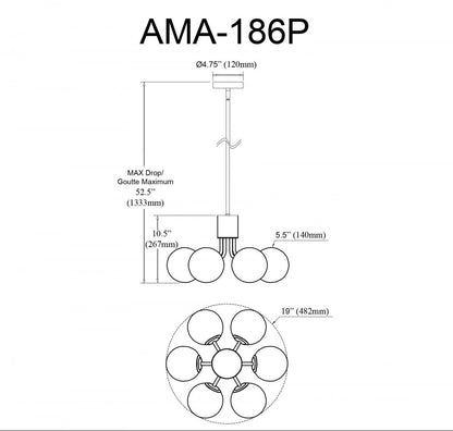 Dainolite Amanda 6 Light Pendant Matte Black Finish White Opal Glass Lamp|Luminaire suspendu Amanda de Dainolite en verre blanc opale, avec fini noir mat et 6 ampoules