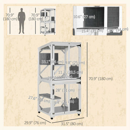 Pawhut Maison Extérieure pour Chats, Grande Enclos en Bois pour Chatons, Design Élevé, Avec Roues, Espace de Repos | Pawhut Cage de Jeu pour Chat, Design Surélevé, Avec Roues, Boîte de Repos, Résistant à l'Eau, Multi-