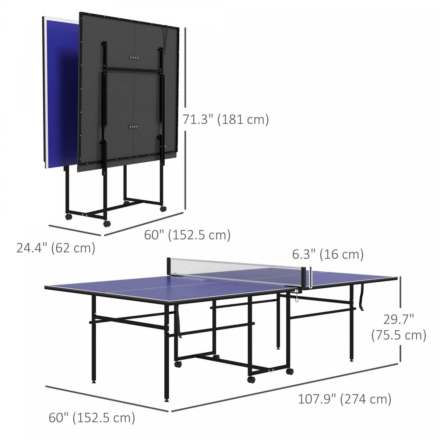 Table de ping-pong pleine taille Soozier, ensemble de table de tennis de table pliable, bleue