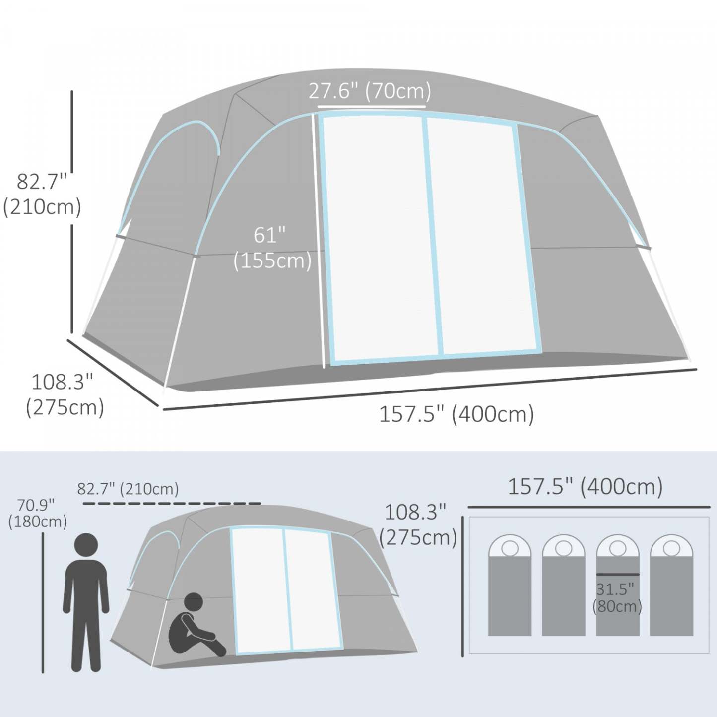 Outsunny Tente de Camping Tente Familiale 4-8 Personnes Avec 2 Chambres et Fenêtres en Maille