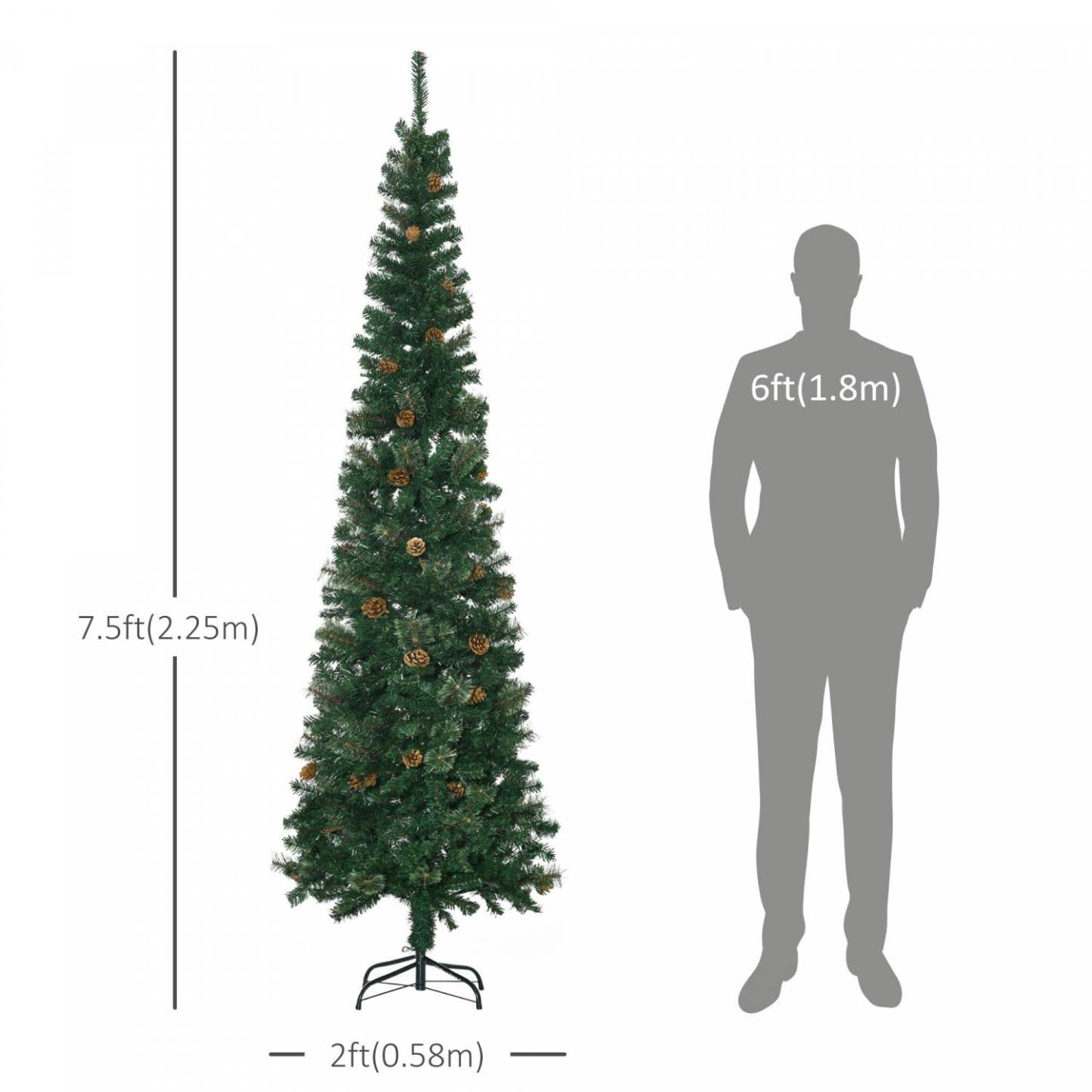 Homcom 7.5ft Artificial Pencil Christmas Tree With Pine Cônes|Homcom Sapin de Noël Artificiel en Forme de Crayon de 7.5ft