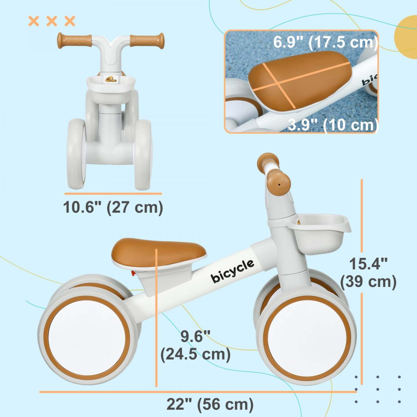 Qaba Baby Balance Bike, vélo d'équilibre pour tout-petits de 12 à 36 mois avec siège réglable, panier amovible, 4 roues silencieuses, vélo sans pédales pour garçons et filles, marron