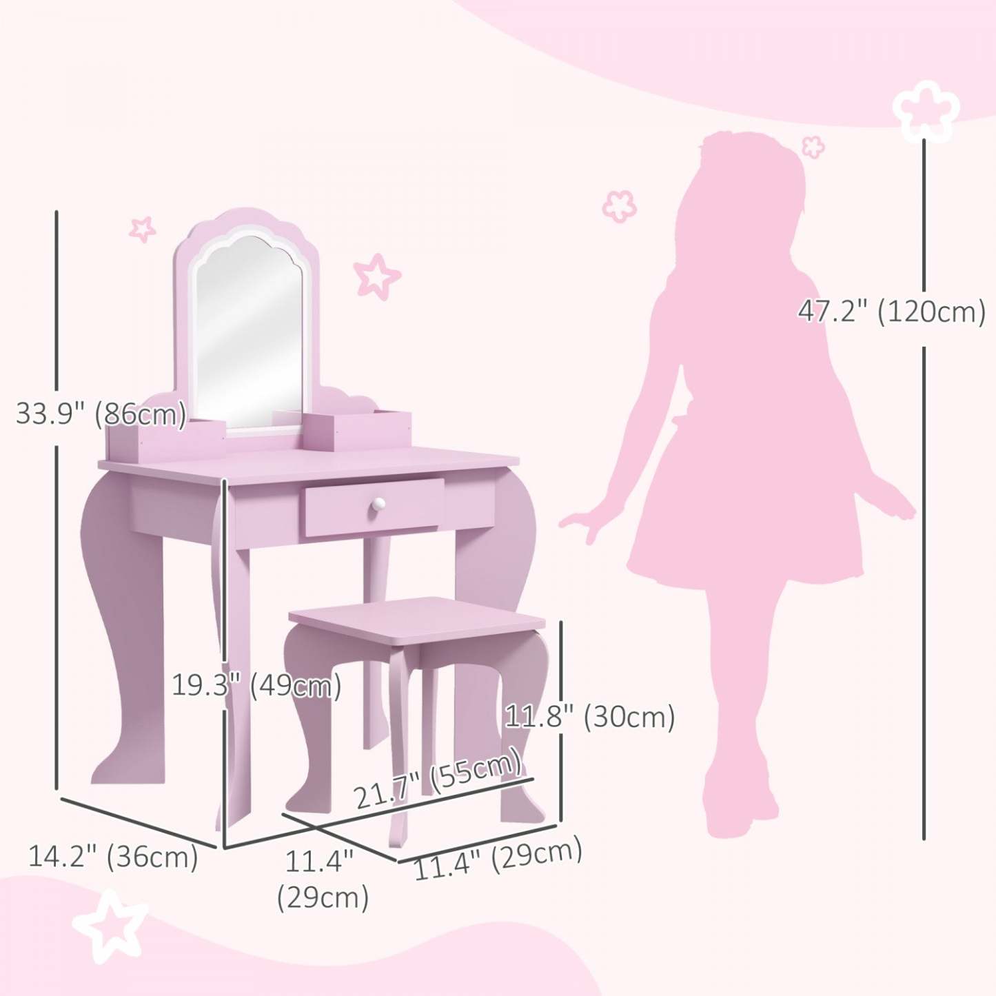 Qaba Table De Vanite Pour Enfants Avec Miroir Et Tabouret, Table De Maquillage Pour Enfants De 3 À 6 Ans, Avec Tiroir|Qaba Table De Vanite Pour Enfants, Vanite De Maquillage Avec Miroir Et Tabouret, Conception De Nuage