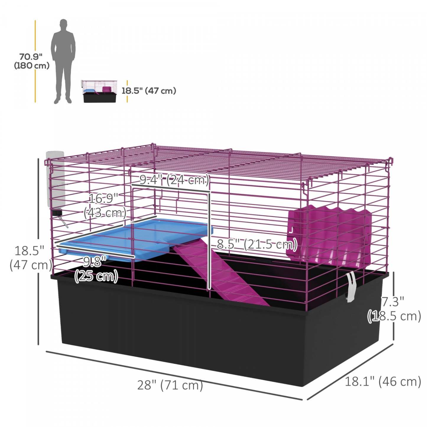 Pawhut 28 L Rabbit Cage, Large Guinea Pig Cage Small Animal Cage With Water Bottle, Food Dish, Plat|Pawhut Cage Pour Petits Animaux De 18.5, Cage Pour Cochon D'inde Avec Bouteille D'eau, Plat De Nour
