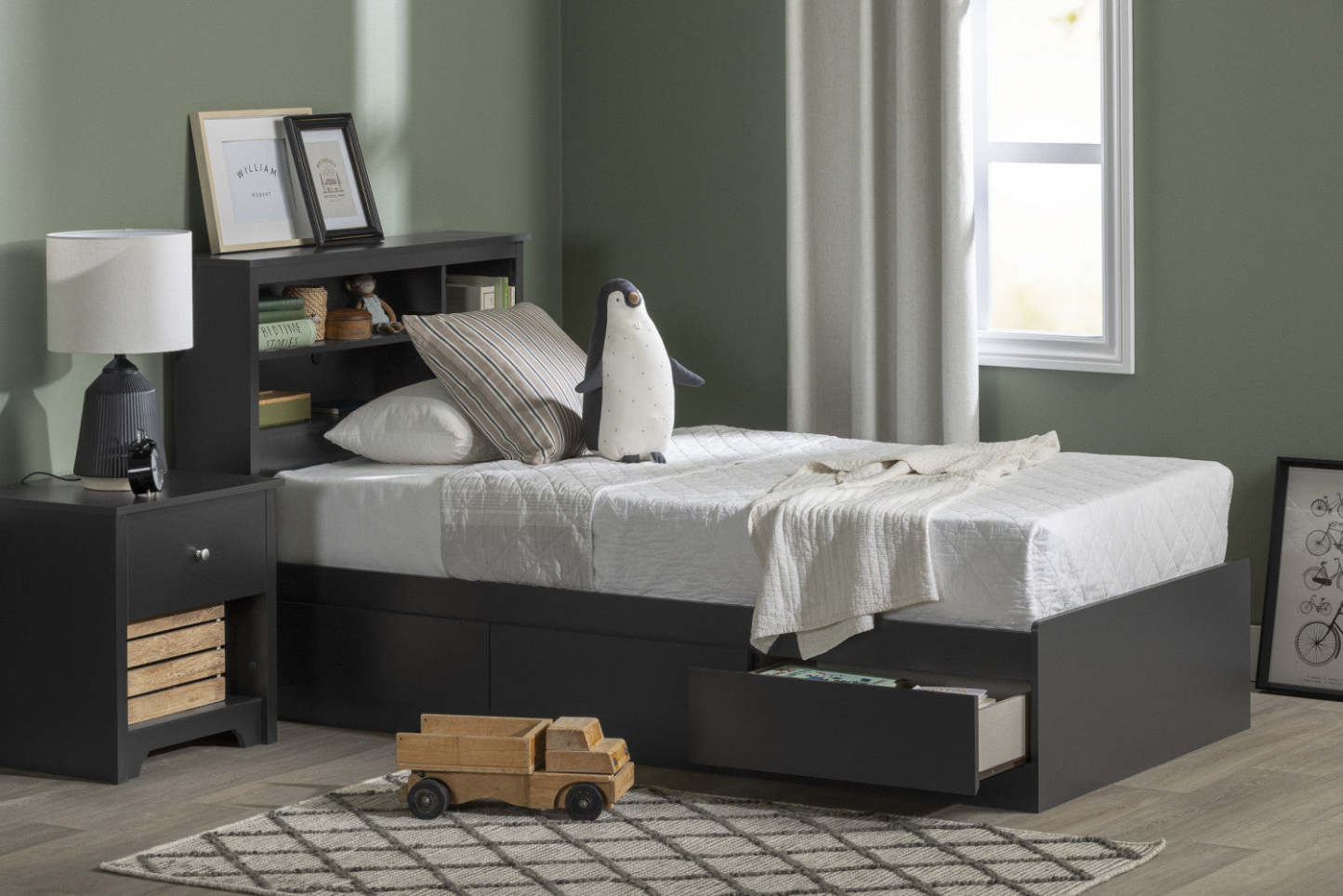 Lit Vito Mates avec tête de lit bibliothèque, noir pur - Lit simple South Shore