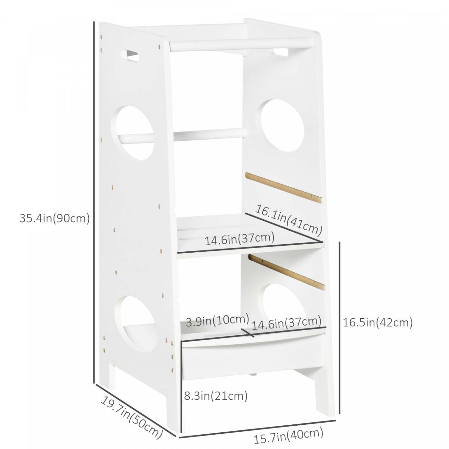 Homcom Échelle de Cuisine pour Tout-Petits avec Plateforme de Standing Réglable et Rampe de Sécurité, Blanc|Homcom Tour d'Apprentissage Enfants Tour d'Aide de Cuisine Pédale Réglable 3 Niveaux MDF 15.75 X 19