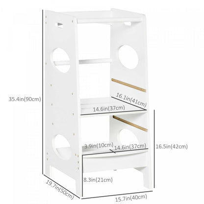 Homcom Échelle de Cuisine pour Tout-Petits avec Plateforme de Standing Réglable et Rampe de Sécurité, Blanc|Homcom Tour d'Apprentissage Enfants Tour d'Aide de Cuisine Pédale Réglable 3 Niveaux MDF 15.75 X 19