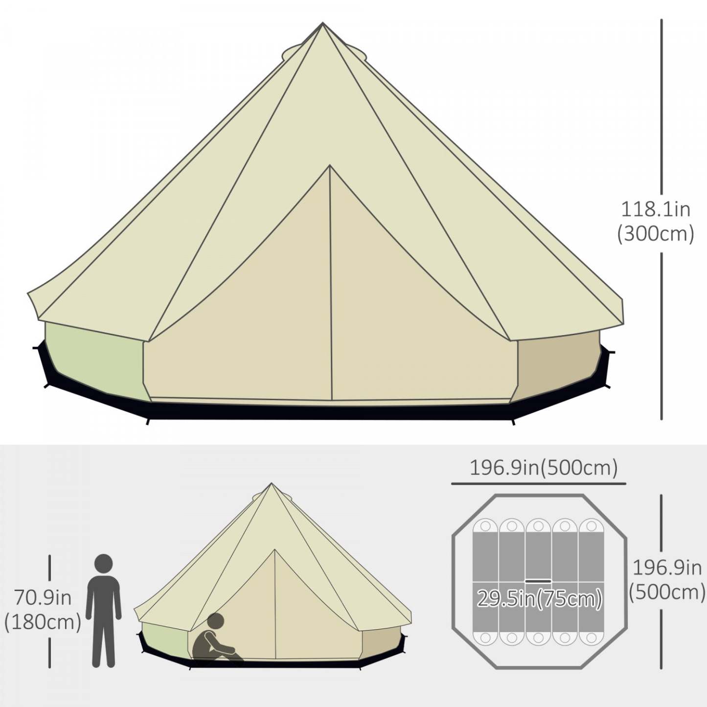 Outsunny 16,4' grande Famille Tipi Tente Toile Cloche Tente Abri Camp Pour Camping Chasse Beige