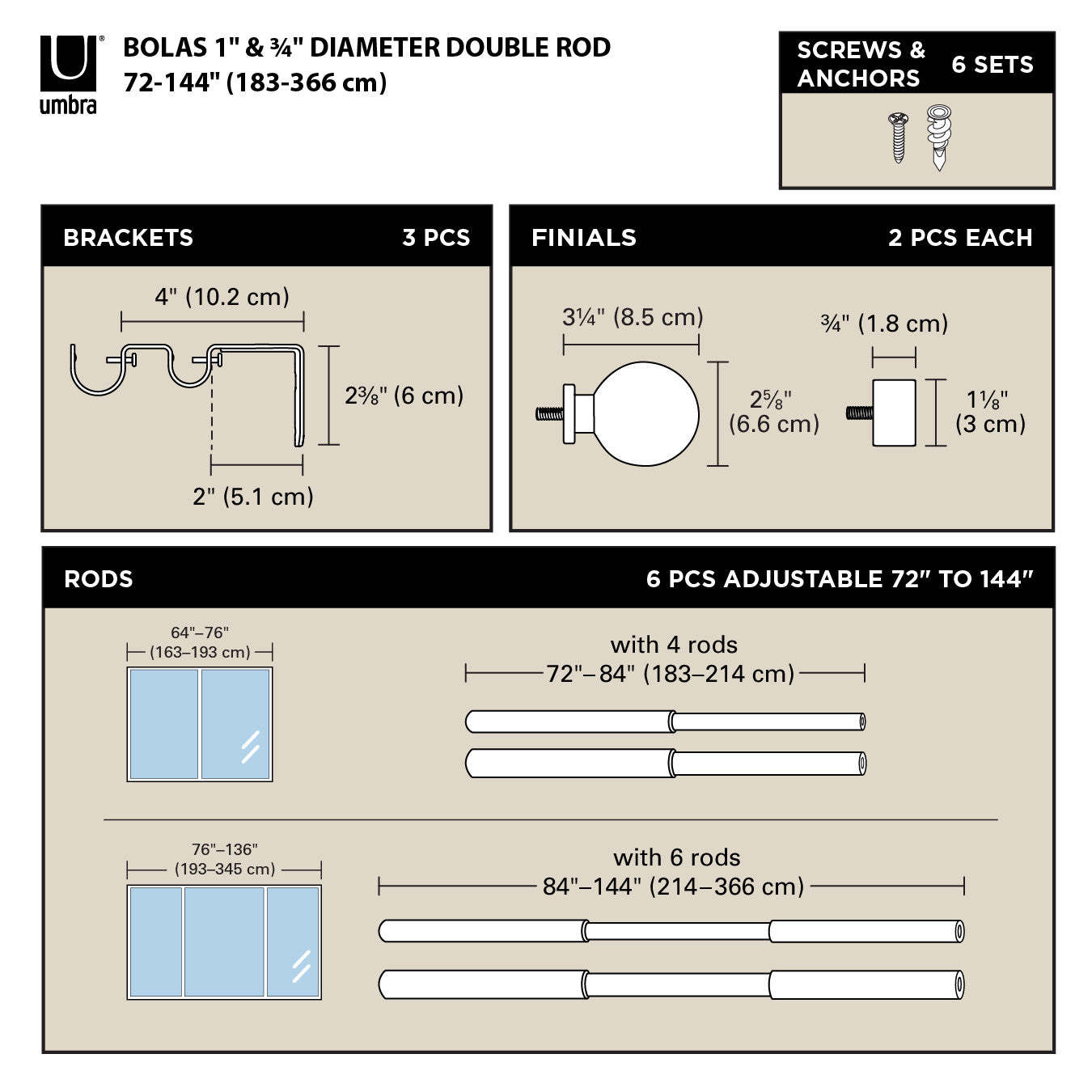 Umbra Tringle à rideau extensible double 1 et 3/4 Bolas en nickel - 72-144 | Tringle à rideaux extensible double Bolas de Umbra nickel de 1 po et de 3/4 po - 72 po à 144 po
