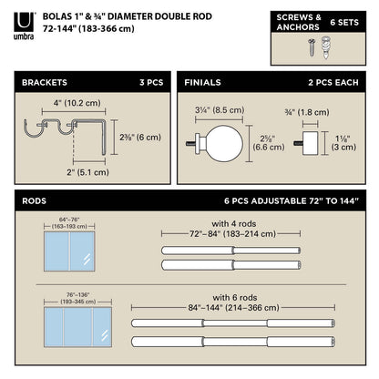 Umbra Tringle à rideau extensible double 1 et 3/4 Bolas en nickel - 72-144 | Tringle à rideaux extensible double Bolas de Umbra nickel de 1 po et de 3/4 po - 72 po à 144 po