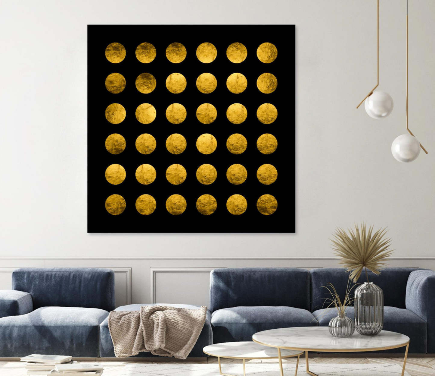 Œuvre d'art murale géante « Golden Spots Black » 72 x 72