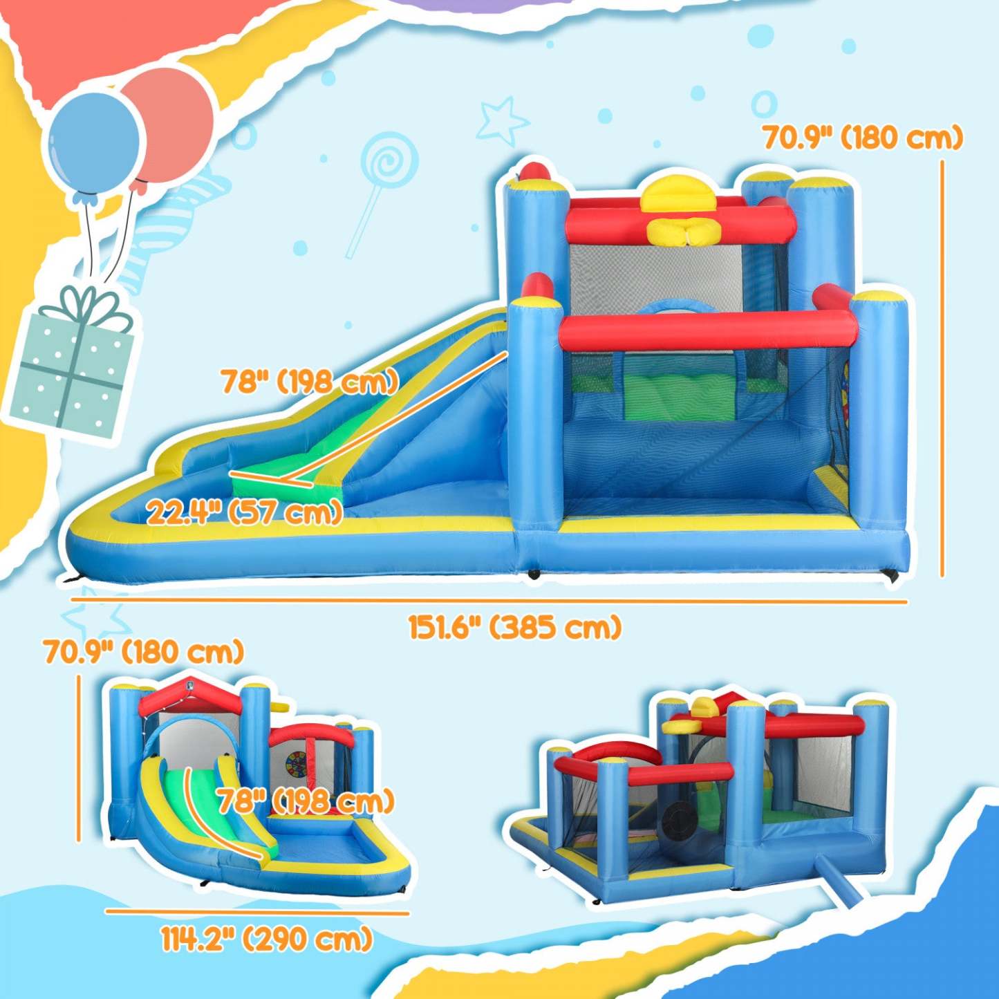 Qaba 12,6 X 9,5 pieds Château Gonflable Pour Enfants, 5 En 1 Maison Gonflable Avec Toboggan Aquatique Et 2 Bassins Splash, Parc Aquatique Extérieur Avec Souffleur, Panier De Basket, Cible De Fléchettes