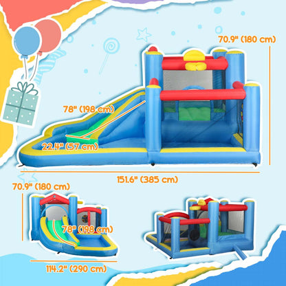 Qaba 12,6 X 9,5 pieds Château Gonflable Pour Enfants, 5 En 1 Maison Gonflable Avec Toboggan Aquatique Et 2 Bassins Splash, Parc Aquatique Extérieur Avec Souffleur, Panier De Basket, Cible De Fléchettes