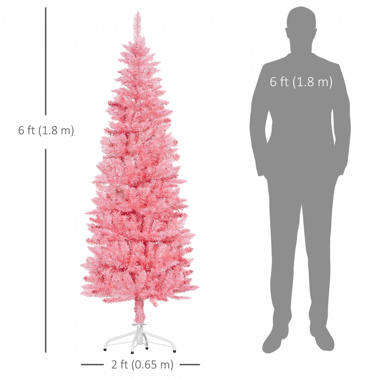 Homcom 6ft Tall Pencil Artificial Christmas Tree With Steel Base, Pink|Homcom Arbre De Noël Artificiel De 6pi De Haut Avec Base En Acier, Rose