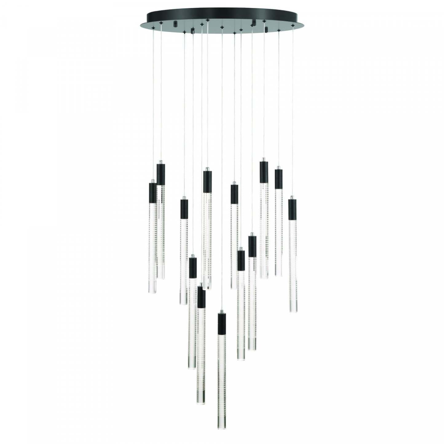 Celine 13 Lustre LED Intégré, Noir Avec Tiges En Verre Rayées Au Laser | Lustre A 13 lampes A Del Integree Celine, Noir Avec Tiges En Verre Rayées Au Laser