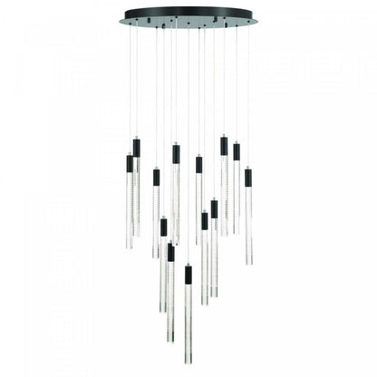 Celine 13 Lustre LED Intégré, Noir Avec Tiges En Verre Rayées Au Laser | Lustre A 13 lampes A Del Integree Celine, Noir Avec Tiges En Verre Rayées Au Laser