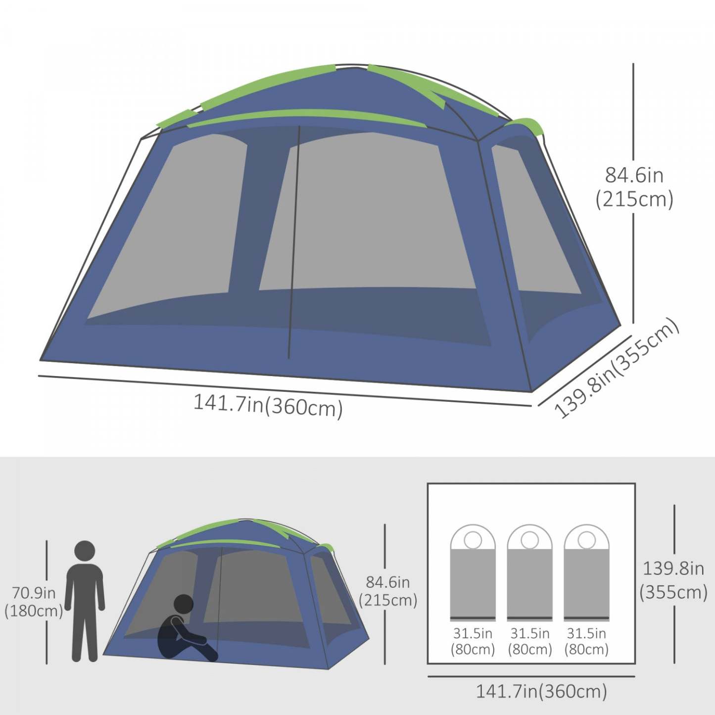 Outsunny 12' X12' X 7' 5-8 Personnes Tente De Camping En Plein Air Portable Abri Résistant À L'Eau Rand