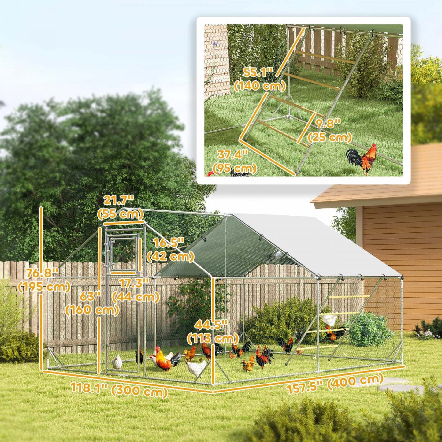 Pawhut Enclos à Poules, Grand Poulailler en Métal avec Porte d'Alimentation, Couverture Imperméable et Résistante aux UV, Mangeoire Suspendue, Perchoir, Cage à Volaille pour Extérieur, Jardin, Ferme, Pour 12-18 Volatiles