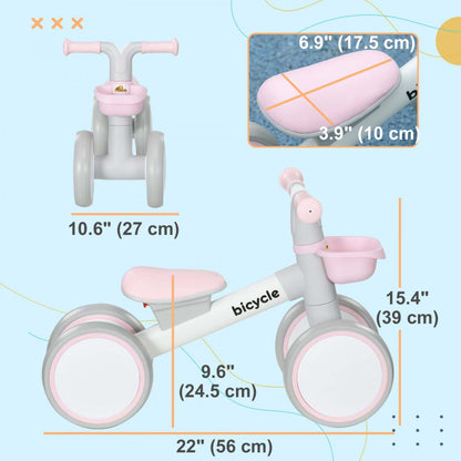 Qaba Baby Balance Bike, vélo d'équilibre pour tout-petits de 12 à 36 mois avec siège réglable, panier amovible, 4 roues silencieuses, vélo sans pédales pour garçons et filles, rose