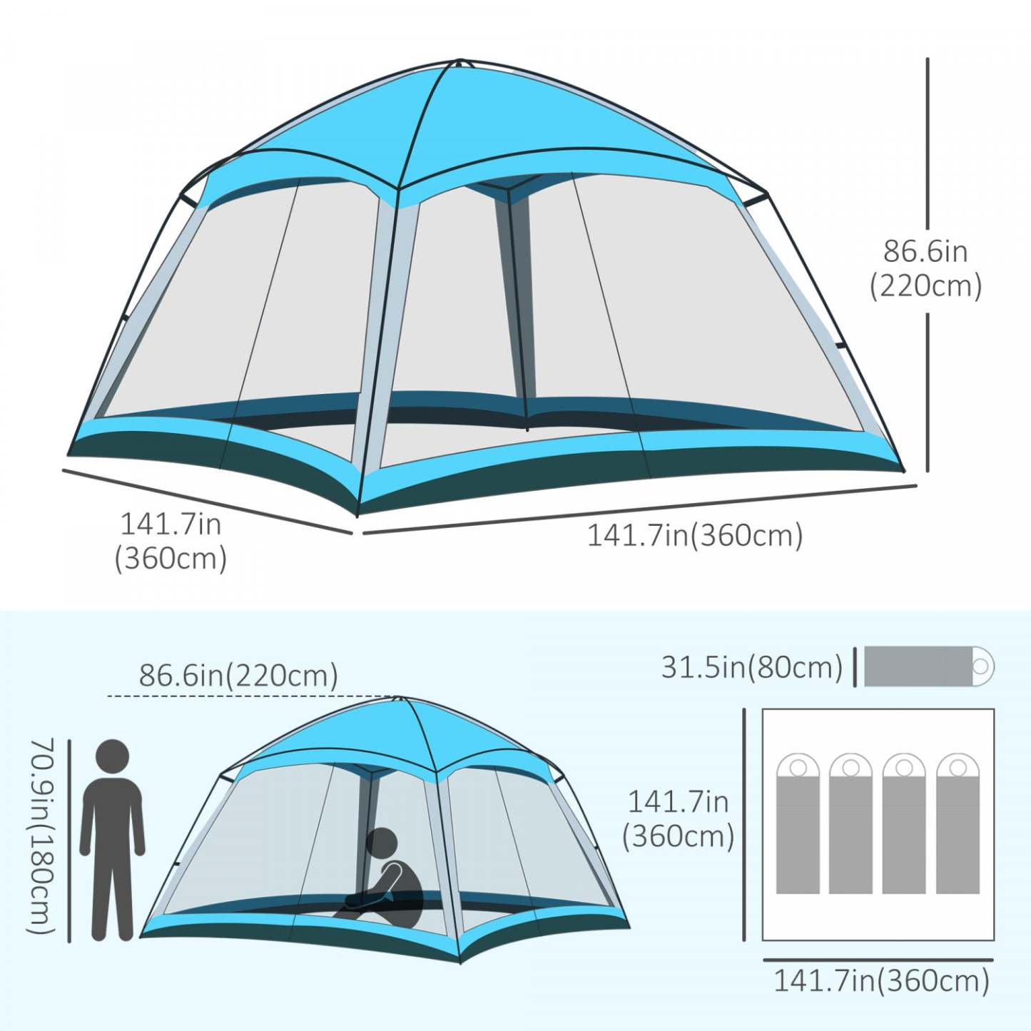 Outsunny Screen House, 8 Personnes Tente de Camping, Tente Dôme Avec Sac de Transport Et 4 Parois En Maille Pour La Randonnée, |Outsunny Tente De Camping Familiale 8 Personnes Tente Dôme Avec Sac De Transport 4 Parois En Maille