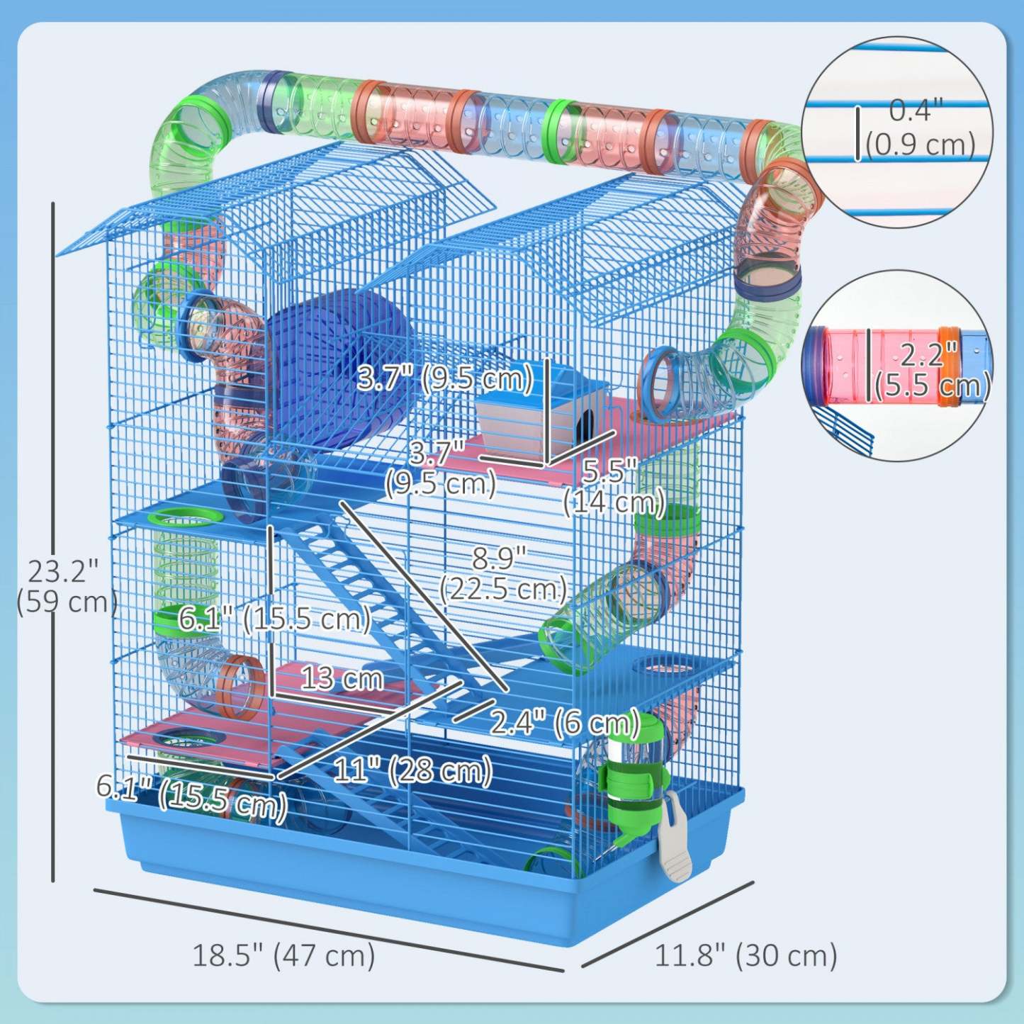Pawhut 18.5 Cage à Hamster, 5 Niveaux Cage pour Petit Animal avec Système de Tube de Tunnel, Bouteille d'Eau, Exercice|Cage Pour Hamster Souris Petit Animaux Rongeur Avec Tunnel Mangeoire Roue Jouet 47 X 30 X 59 Cm Cm B