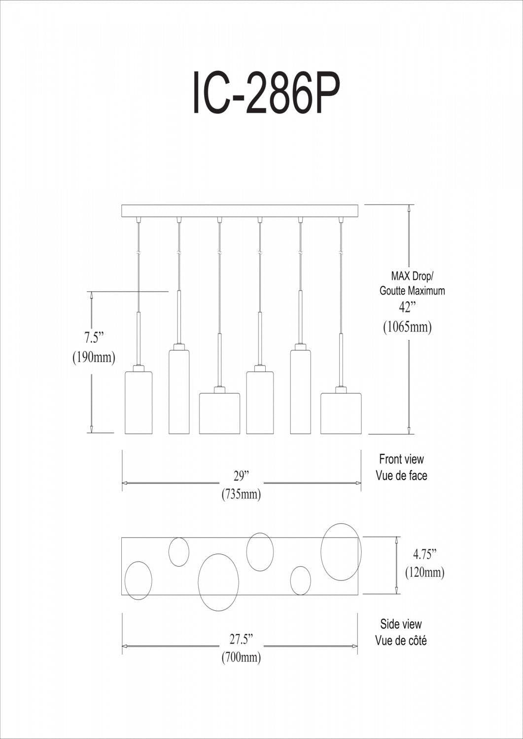 Dainolite Industrial Chic 6 Light Horizontal Pendant Polished Chrome Finish Clear Glass Lamp|Luminaire suspendu horizontal Industrial Chic de Dainolite en verre transparent, avec fini chromé poli et 6 ampoules