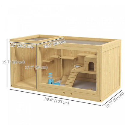 Cage en bois Pawhut pour hamster, cage à souris multi-niveaux avec tiroir coulissant, balançoires, bouteille d'eau, échelle, habitats pour petits animaux pour hamster nain, gerbille