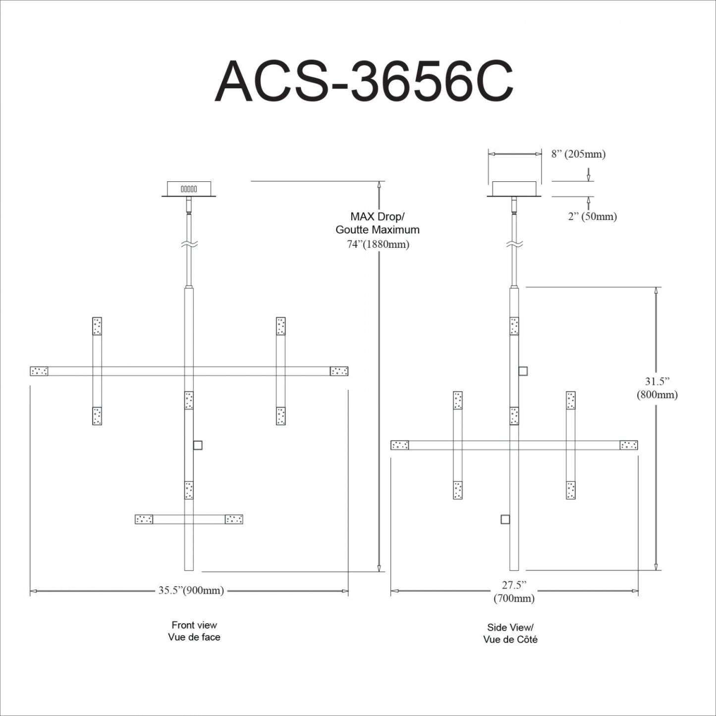 Dainolite Acasia Chandelier 42w Lampe Diffuseur Acrylique Givré Noir Mat|Lustre Acasia de Dainolite en acrylique givré qui diffuse la lumière, avec fini noir mat et ampoule de 42 W