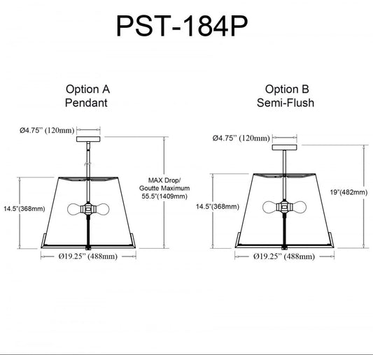 Luminaire suspendu Preston de Dainolite de 19 po de diamètre avec abat-jour en tissu noir, fini noir mat et 4 ampoules