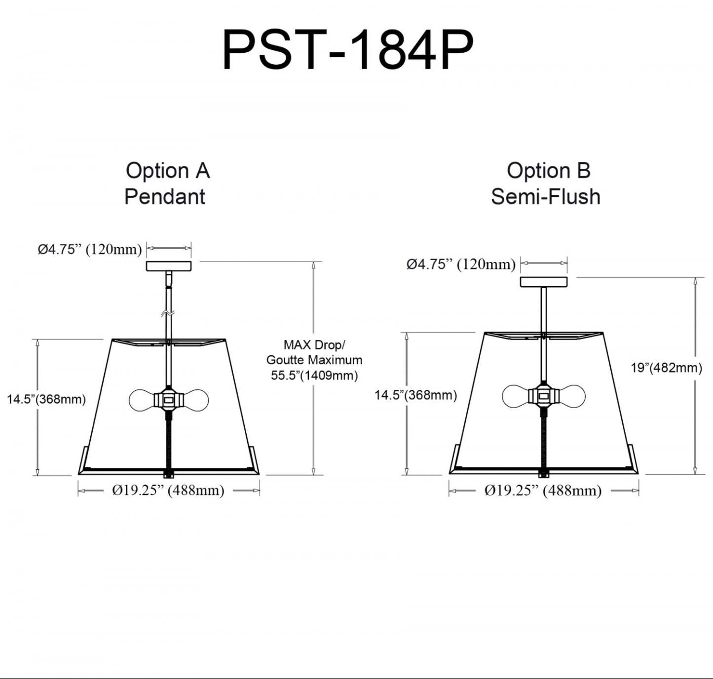 Luminaire suspendu Preston de Dainolite de 19 po de diamètre avec abat-jour en tissu gris, fini noir mat et 4 ampoules