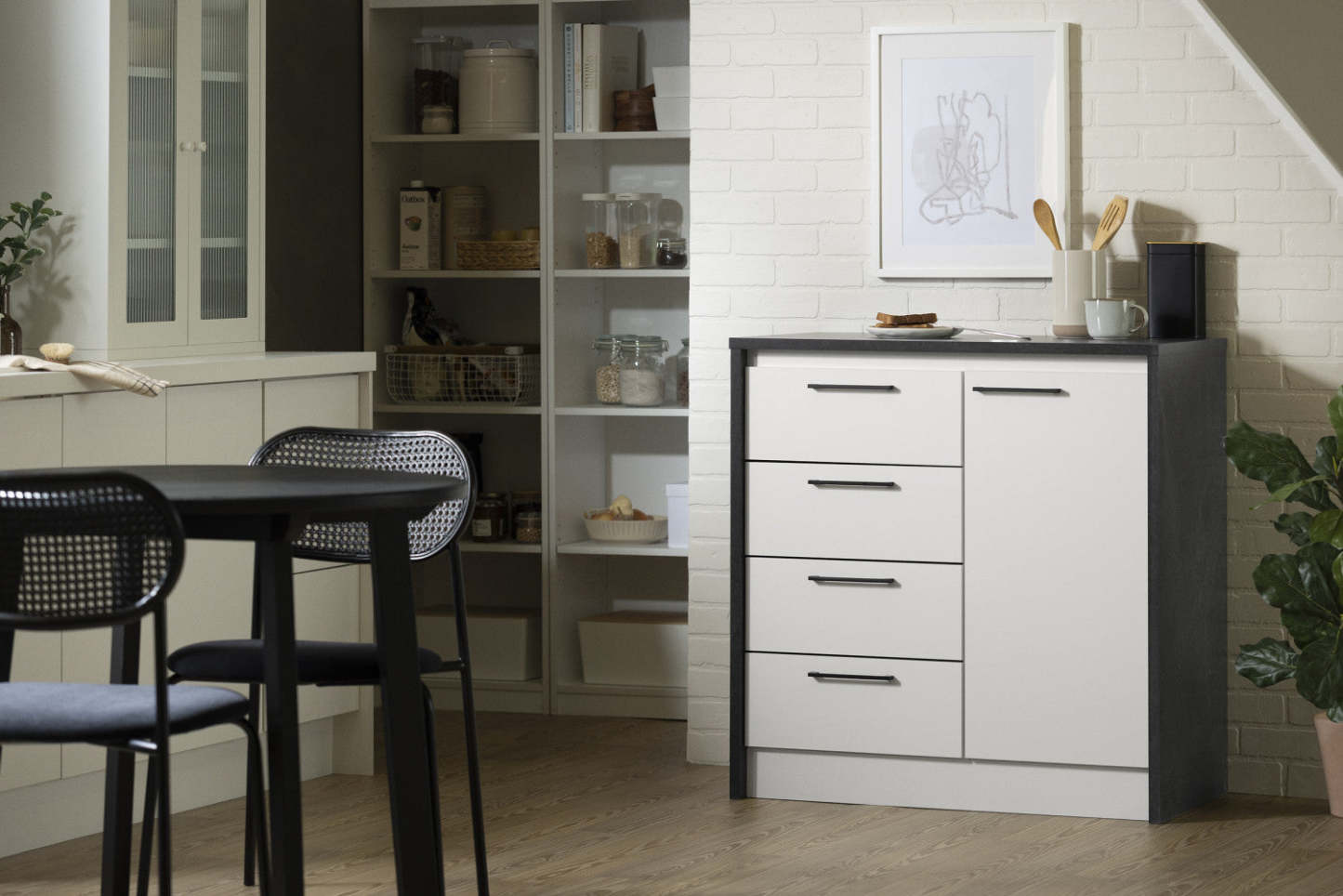 Îlot de cuisine compact Myro avec rangement - Fausse pierre noire et blanc | Îlot de cuisine compact Myro avec rangement - imitation de pierre noire et blanc