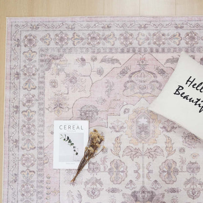 Tapis lavable antidérapant à poils courts rose turquoise 5'x7' | Tapis Rose Lavable Et Antidérapant À Poils Ras 5'x7'