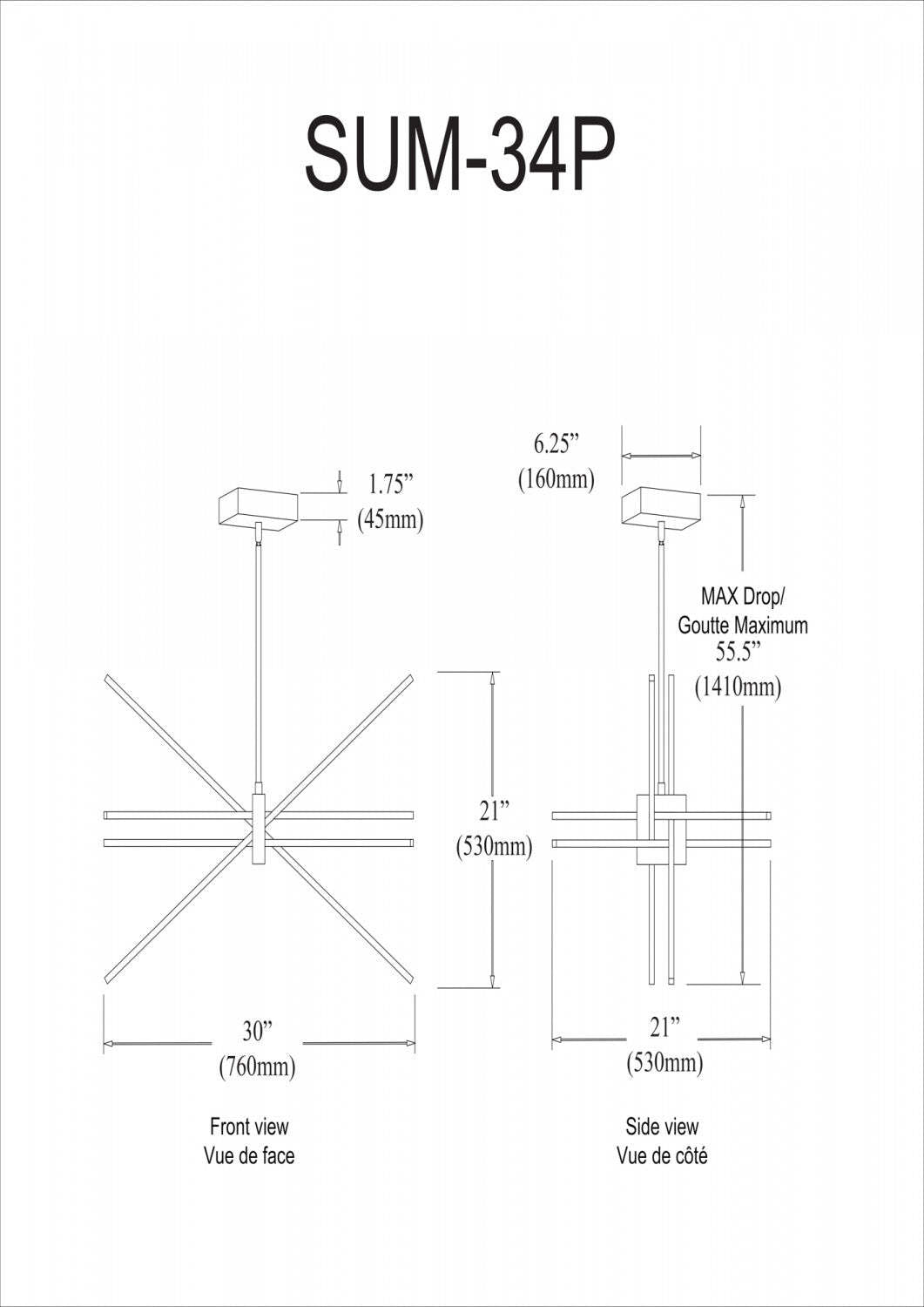 Dainolite Summit LED Chandelier 46w Matte Black White Acrylic Diffuser Lamp|Lustre Summit de Dainolite en acrylique blanc qui diffuse la lumière, avec fini noir mat et ampoule à DEL de 46 W