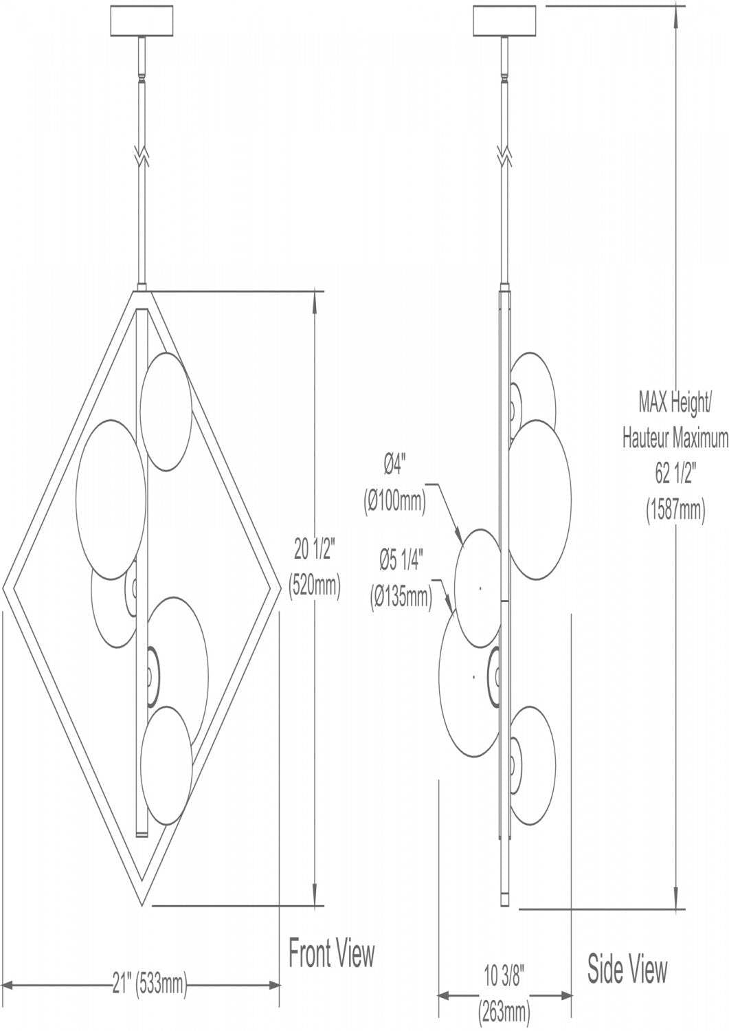 Dainolite Glasgow 5 Light Pendant Matte Black/Vintage Bronze Finish Champagne Glass Lamp|Luminaire suspendu Glasgow de Dainolite en verre champagne, avec fini noir mat et bronze rétro, et 5 ampoules